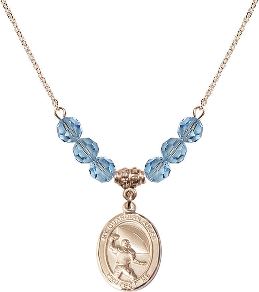 14kt Gold Filled Guardian Angel/Football Birthstone Necklace with Aqua Beads - 8701