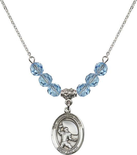 Sterling Silver Guardian Angel/Football Birthstone Necklace with Aqua Beads - 8701