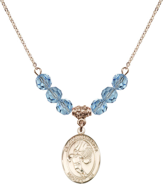 14kt Gold Filled Guardian Angel/Basketball Birthstone Necklace with Aqua Beads - 8702