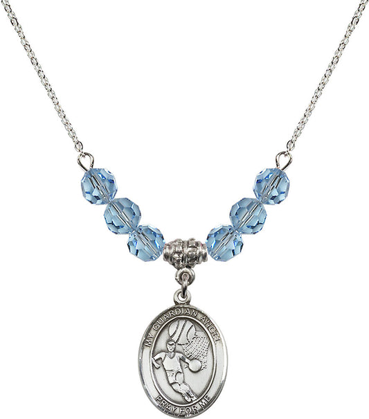 Sterling Silver Guardian Angel/Basketball Birthstone Necklace with Aqua Beads - 8702