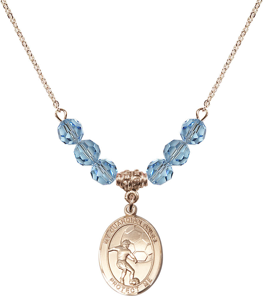 14kt Gold Filled Guardian Angel/Soccer Birthstone Necklace with Aqua Beads - 8703