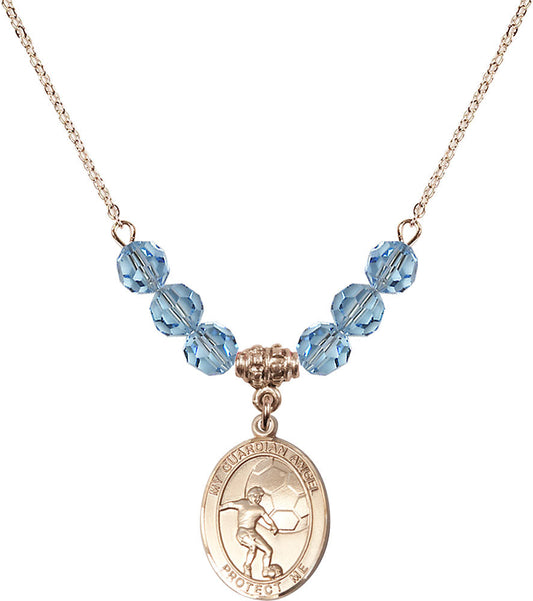 14kt Gold Filled Guardian Angel/Soccer Birthstone Necklace with Aqua Beads - 8703