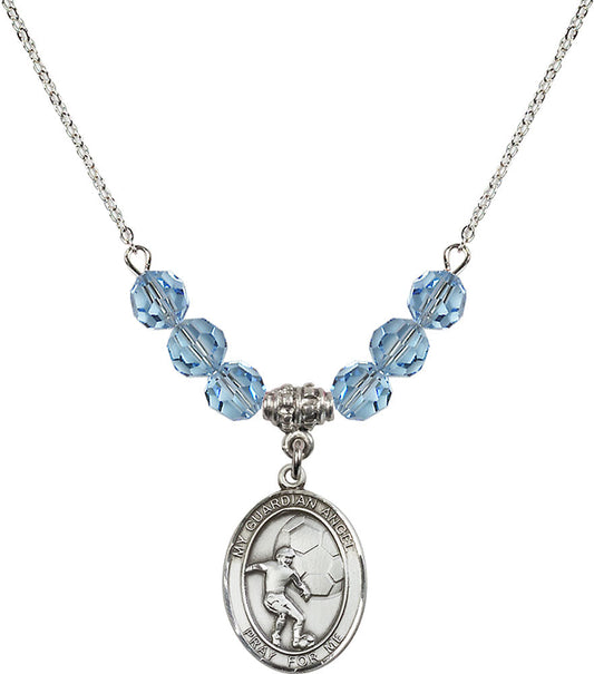 Sterling Silver Guardian Angel/Soccer Birthstone Necklace with Aqua Beads - 8703