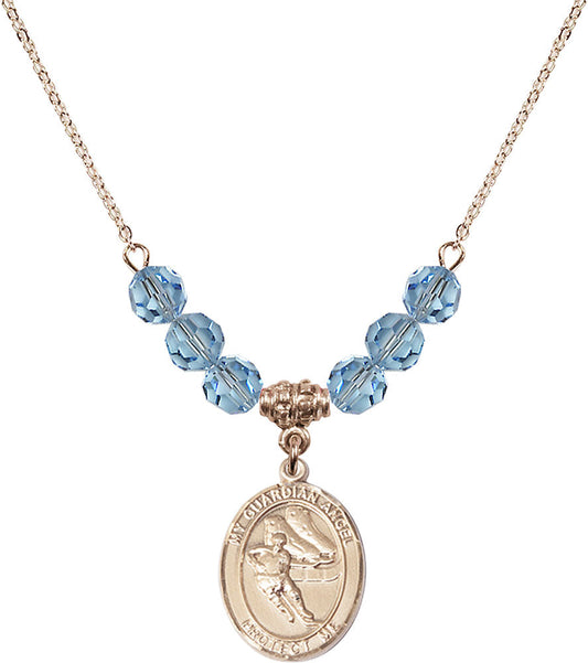 14kt Gold Filled Guardian Angel/Hockey Birthstone Necklace with Aqua Beads - 8704