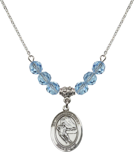 Sterling Silver Guardian Angel/Hockey Birthstone Necklace with Aqua Beads - 8704