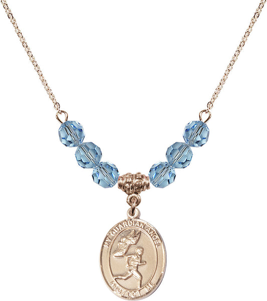 14kt Gold Filled Guardian Angel/Track&Field-Men Birthstone Necklace with Aqua Beads - 8709