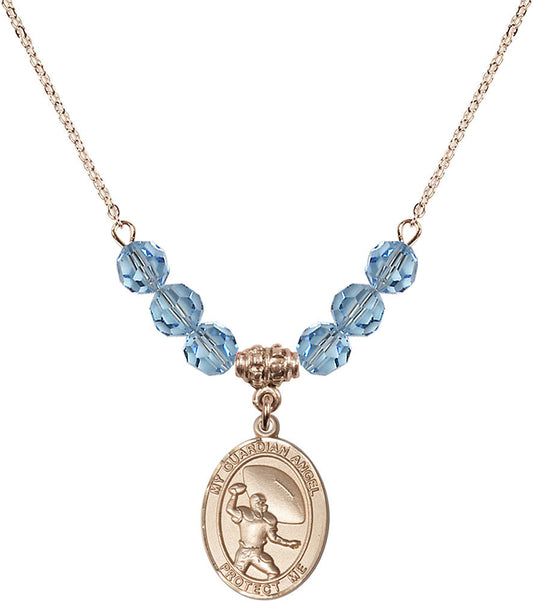 14kt Gold Filled Guardian Angel/Track&Field-Women Birthstone Necklace with Aqua Beads - 8710