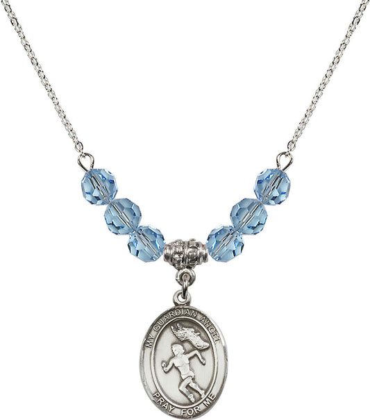 Sterling Silver Guardian Angel/Track&Field-Women Birthstone Necklace with Aqua Beads - 8710