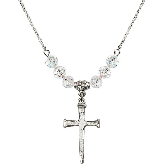 Sterling Silver Nail Cross Birthstone Necklace with Crystal Beads - 0085