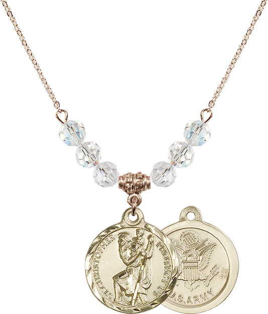 14kt Gold Filled Saint Christopher / Army Birthstone Necklace with Crystal Beads - 0192