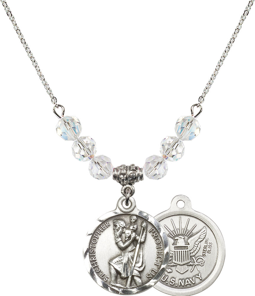 Sterling Silver Saint Christopher / Navy Birthstone Necklace with Crystal Beads - 0192