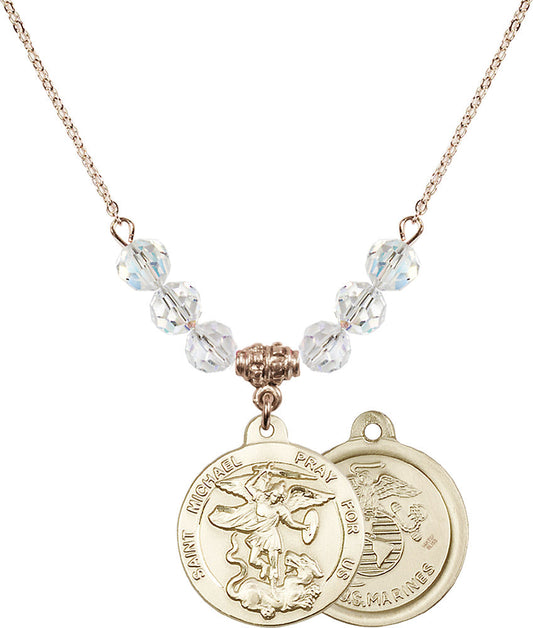 14kt Gold Filled Saint Michael / Marines Birthstone Necklace with Crystal Beads - 0342
