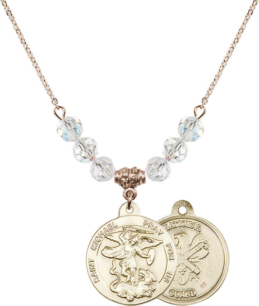 14kt Gold Filled Saint Michael / Nat'l Guard Birthstone Necklace with Crystal Beads - 0342