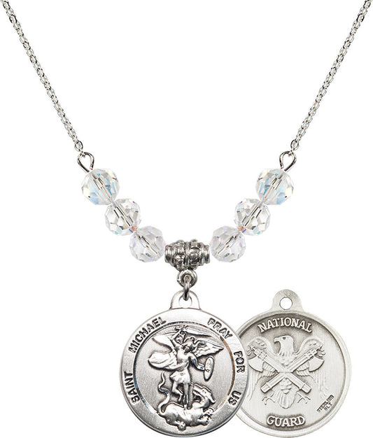 Sterling Silver Saint Michael / Nat'l Guard Birthstone Necklace with Crystal Beads - 0342