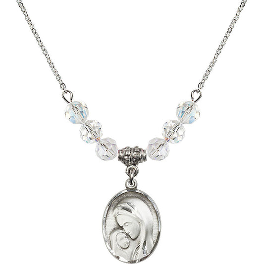Sterling Silver Madonna & Child Birthstone Necklace with Crystal Beads - 0447