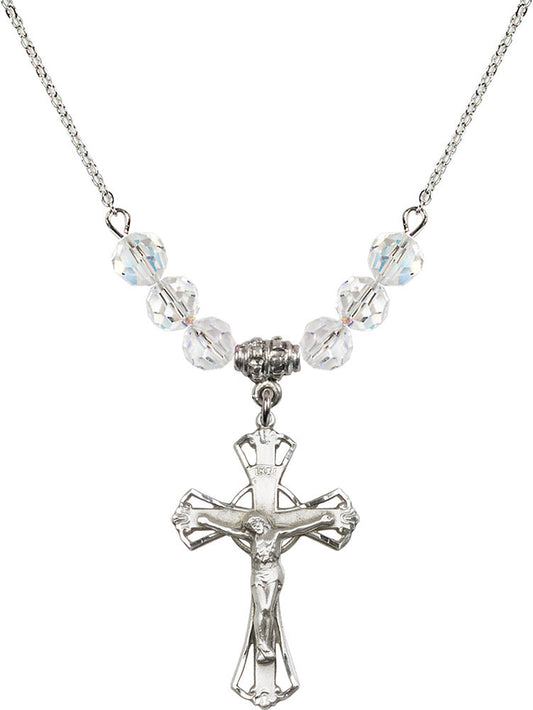 Sterling Silver Crucifix Birthstone Necklace with Crystal Beads - 0659