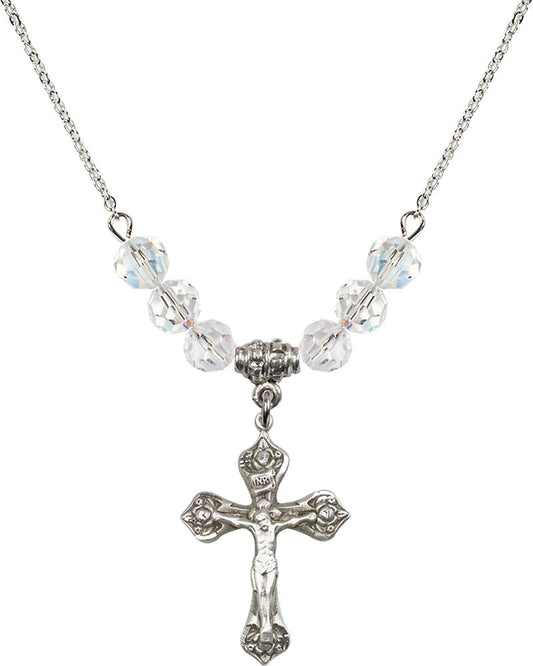 Sterling Silver Crucifix Birthstone Necklace with Crystal Beads - 0662