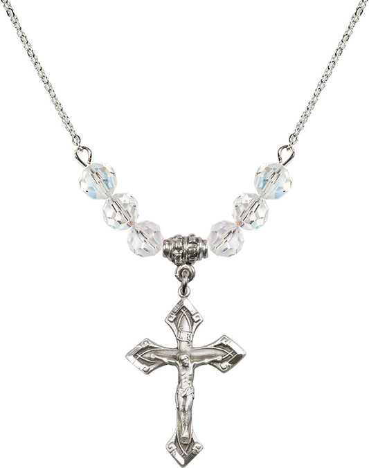 Sterling Silver Crucifix Birthstone Necklace with Crystal Beads - 0663