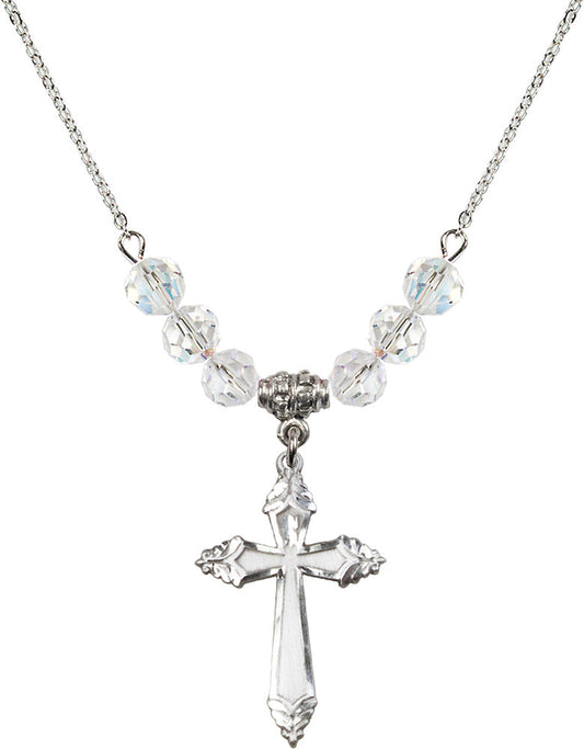 Sterling Silver Cross Birthstone Necklace with Crystal Beads - 0665