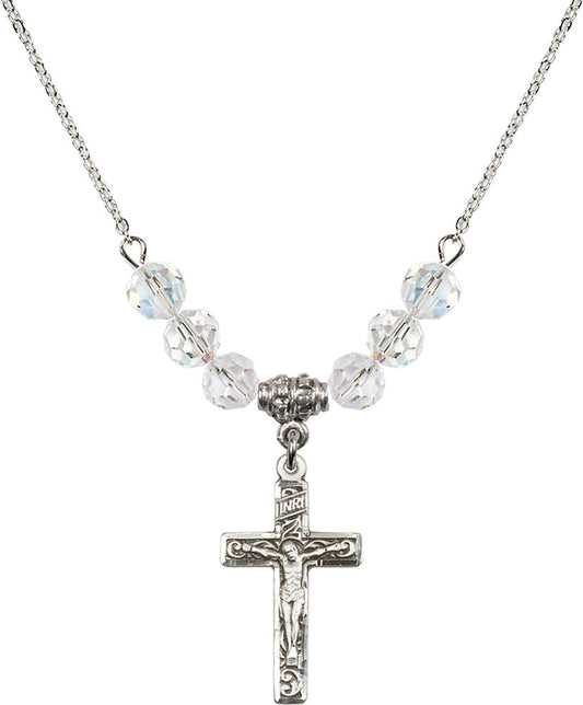 Sterling Silver Crucifix Birthstone Necklace with Crystal Beads - 0673