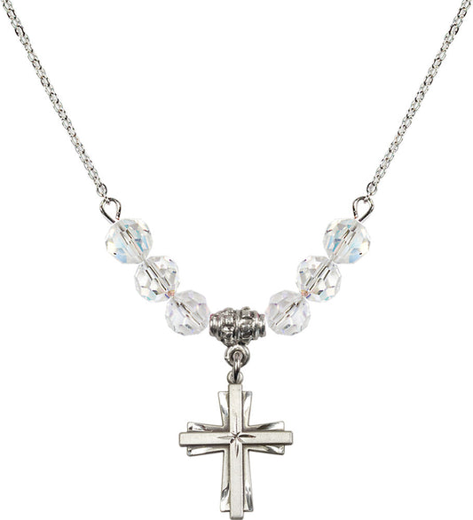 Sterling Silver Cross Birthstone Necklace with Crystal Beads - 0675