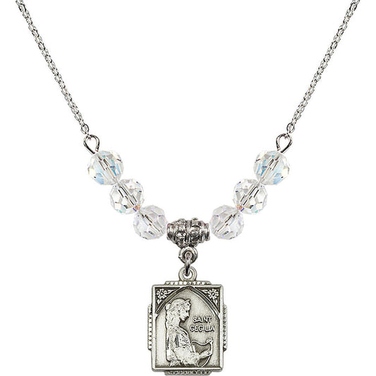 Sterling Silver Saint Cecilia Birthstone Necklace with Crystal Beads - 0804