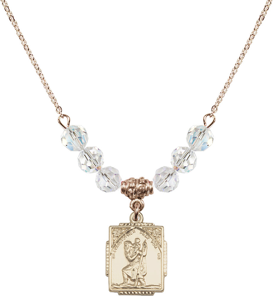 14kt Gold Filled Saint Christopher Birthstone Necklace with Crystal Beads - 0804