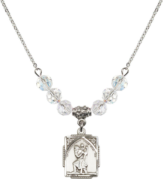 Sterling Silver Saint Christopher Birthstone Necklace with Crystal Beads - 0804