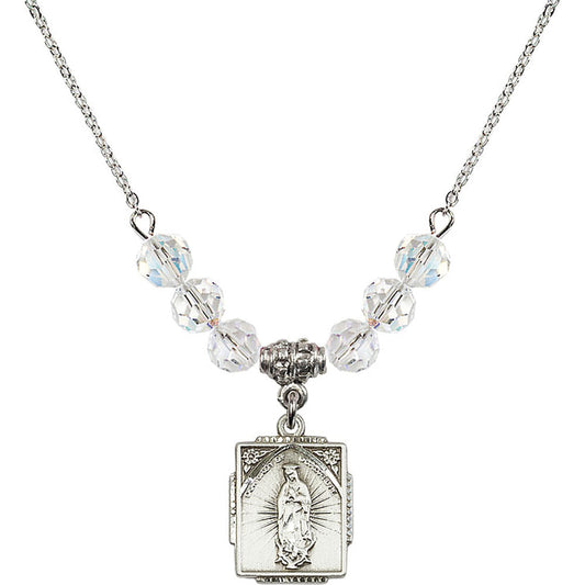 Sterling Silver Our Lady of Guadalupe Birthstone Necklace with Crystal Beads - 0804