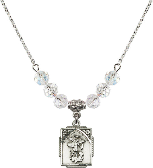 Sterling Silver Saint Michael the Archangel Birthstone Necklace with Crystal Beads - 0804