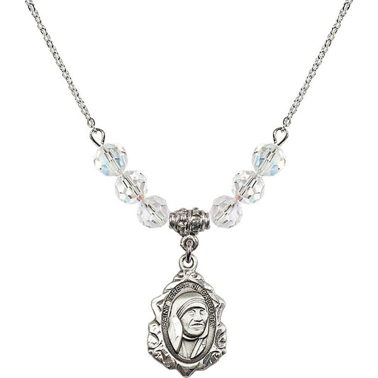 Sterling Silver Saint Teresa of Calcutta Birthstone Necklace with Crystal Beads - 0812