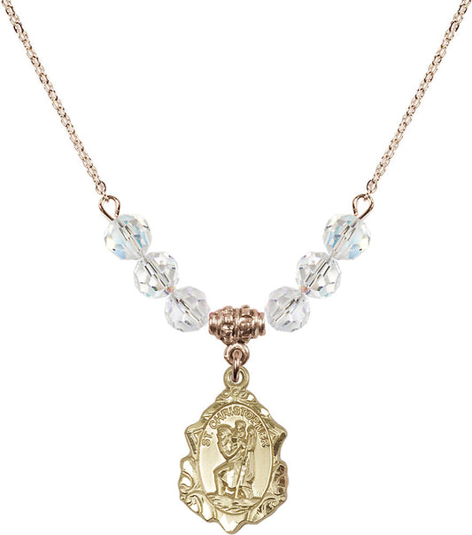 14kt Gold Filled Saint Christopher Birthstone Necklace with Crystal Beads - 0822