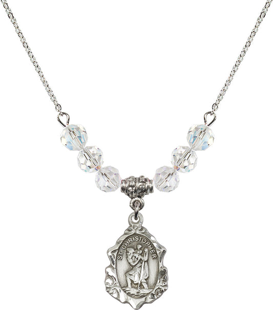 Sterling Silver Saint Christopher Birthstone Necklace with Crystal Beads - 0822