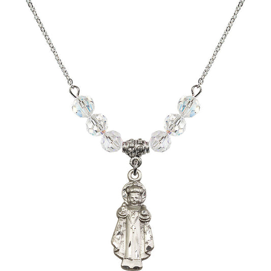 Sterling Silver Infant of Prague Birthstone Necklace with Crystal Beads - 0824