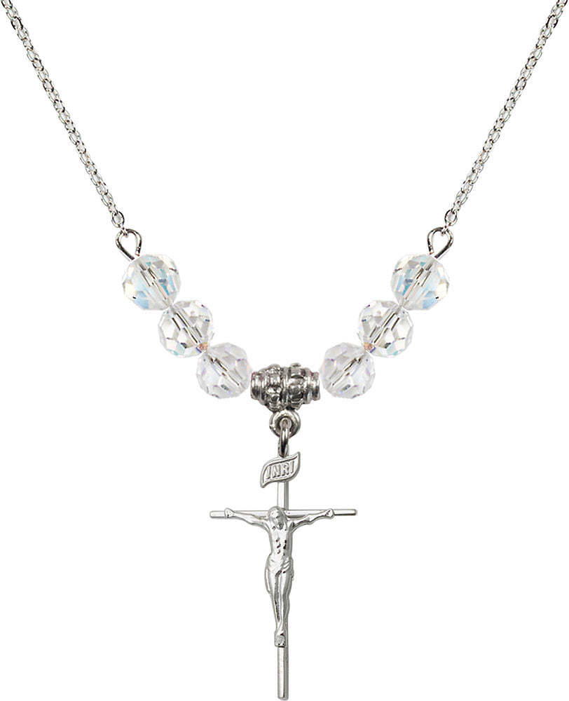 Sterling Silver Crucifix Birthstone Necklace with Crystal Beads - 1535