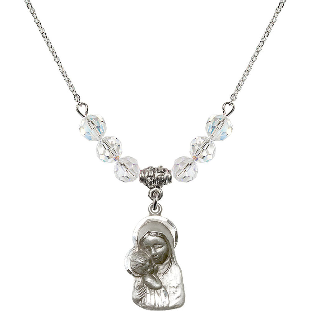 Sterling Silver Madonna & Child Birthstone Necklace with Crystal Beads - 1612