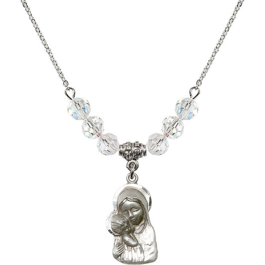 Sterling Silver Madonna & Child Birthstone Necklace with Crystal Beads - 1612