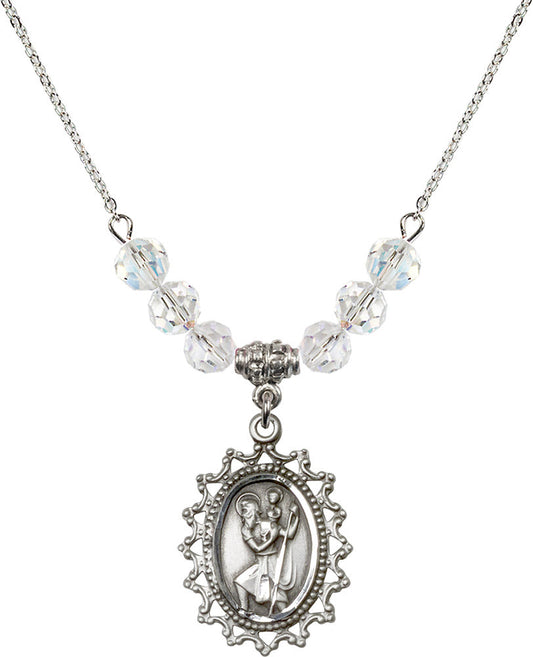 Sterling Silver Saint Christopher Birthstone Necklace with Crystal Beads - 1619