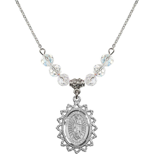 Sterling Silver Our Lady of Guadalupe Birthstone Necklace with Crystal Beads - 1619