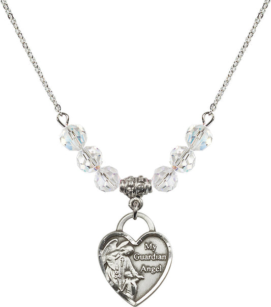 Sterling Silver Guardian Angel Heart Birthstone Necklace with Crystal Beads - 3202