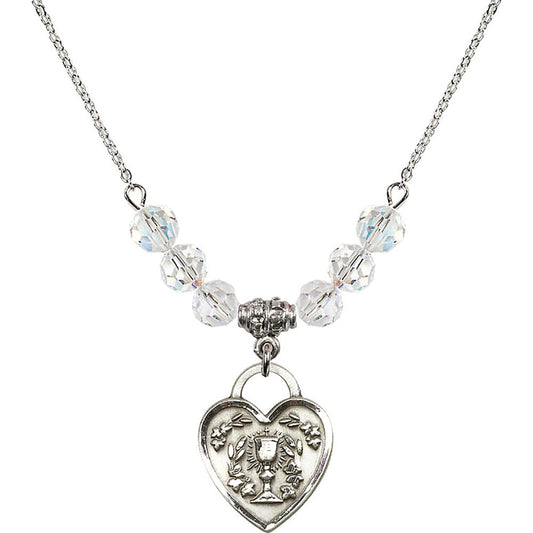 Sterling Silver Communion Heart Birthstone Necklace with Crystal Beads - 3204