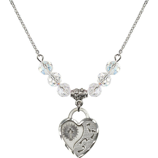 Sterling Silver Footprints Heart Birthstone Necklace with Crystal Beads - 3207