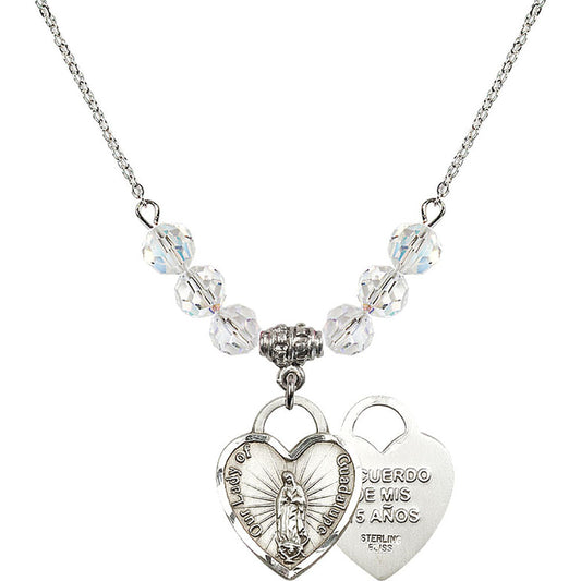 Sterling Silver Our Lady of Guadalupe Heart / Recuerdo Birthstone Necklace with Crystal Beads - 3209
