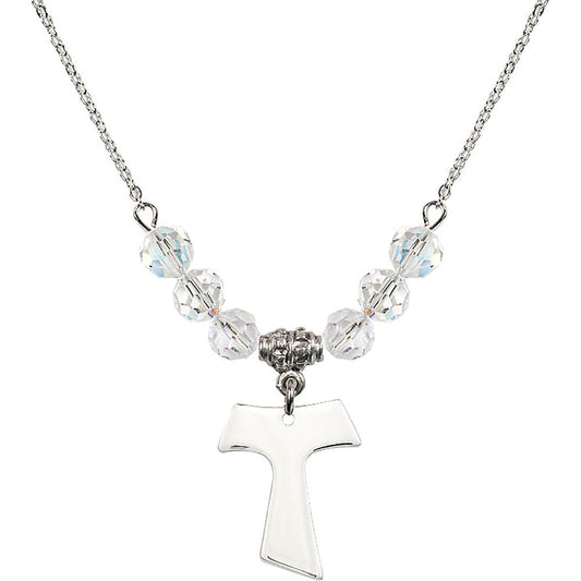 Sterling Silver Tau Cross Birthstone Necklace with Crystal Beads - 3948