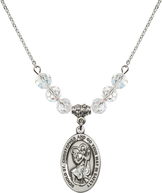 Sterling Silver Saint Christopher Birthstone Necklace with Crystal Beads - 4123