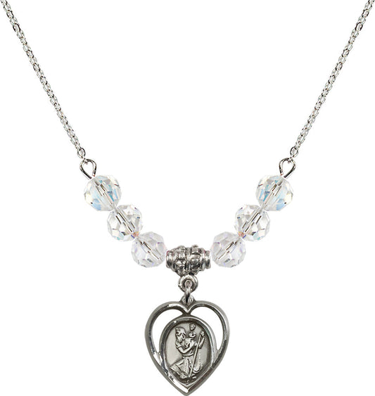 Sterling Silver Saint Christopher Birthstone Necklace with Crystal Beads - 4127