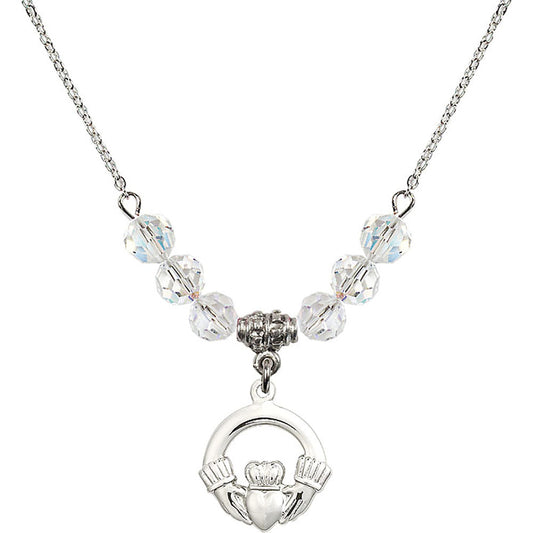 Sterling Silver Claddagh Birthstone Necklace with Crystal Beads - 4138