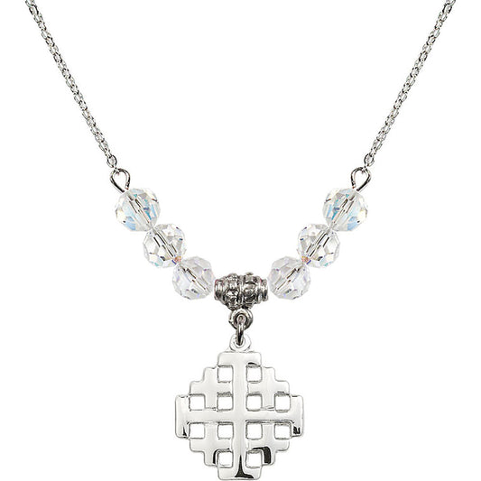 Sterling Silver Jerusalem Cross Birthstone Necklace with Crystal Beads - 4139