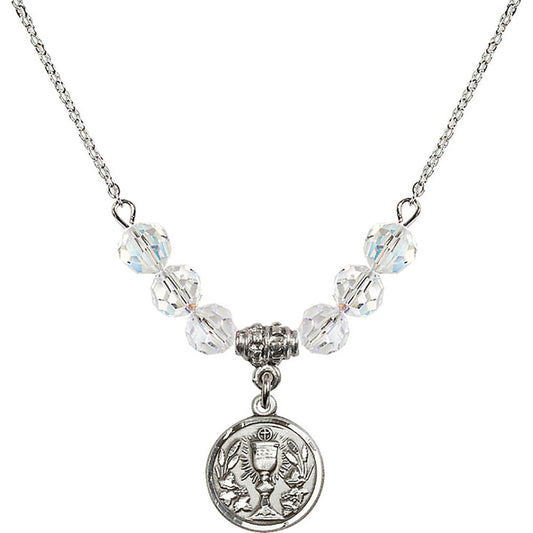 Sterling Silver Communion Chalice Birthstone Necklace with Crystal Beads - 4203