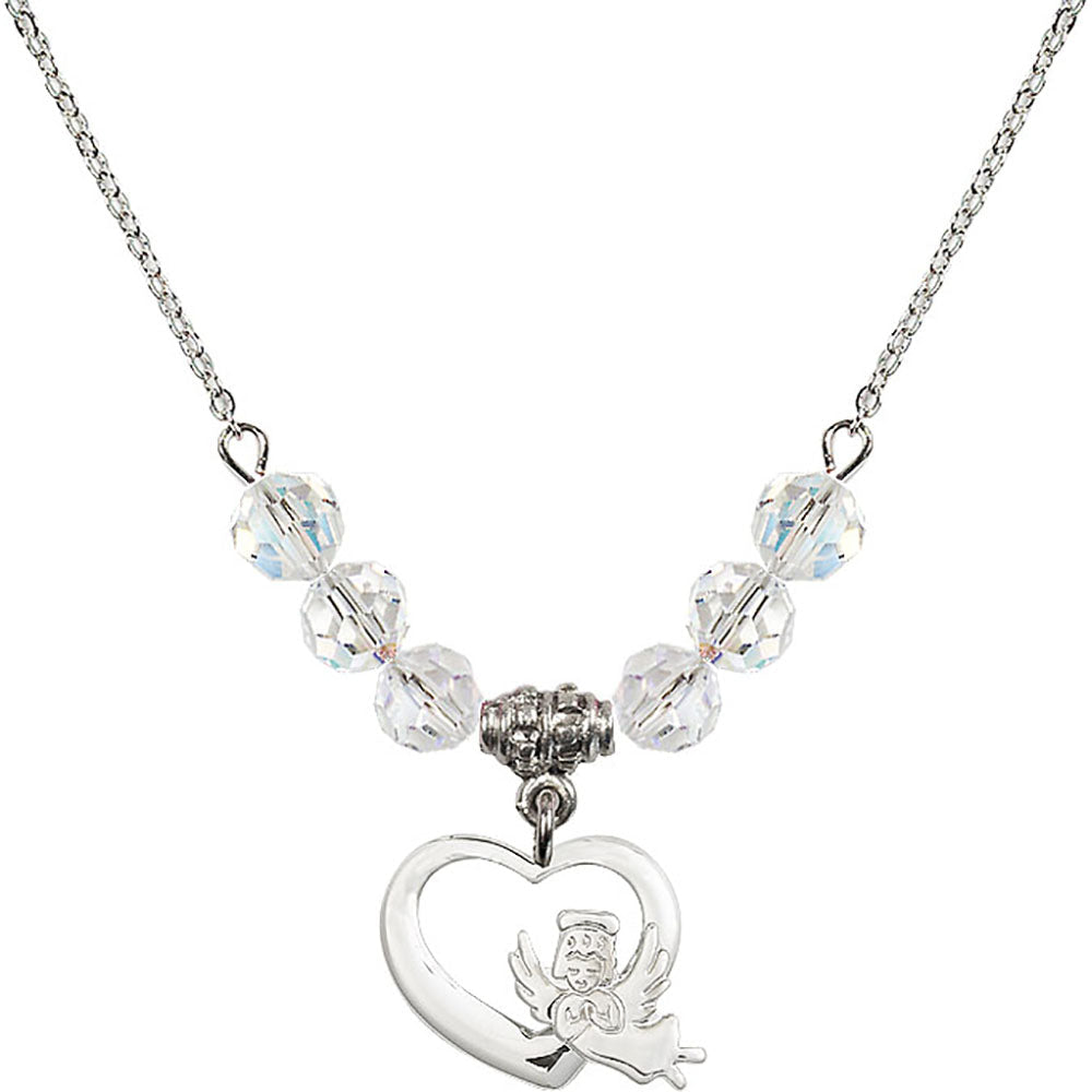 Sterling Silver Heart / Guardian Angel Birthstone Necklace with Crystal Beads - 4206